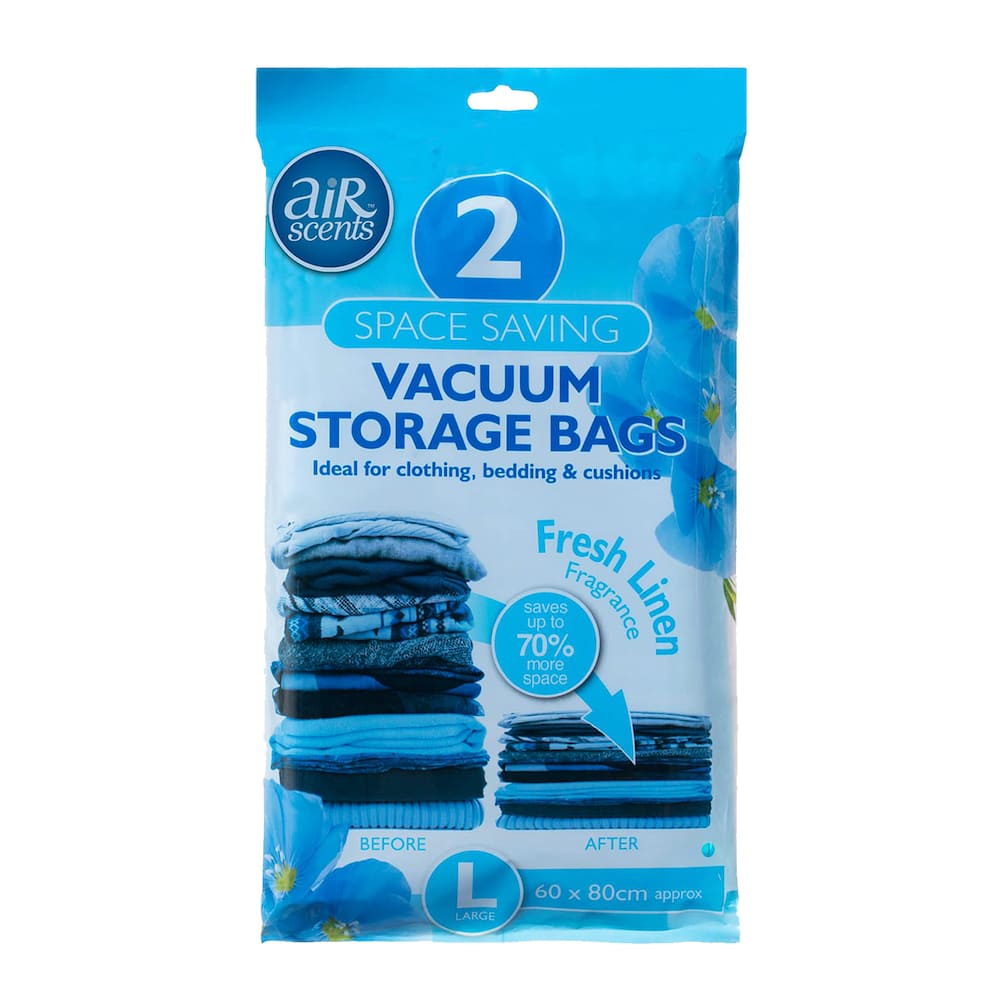 Air Scents vacuum storage bags for clothing and bedding, space-saving design, fresh linen scent, size L 60 x 80 cm.