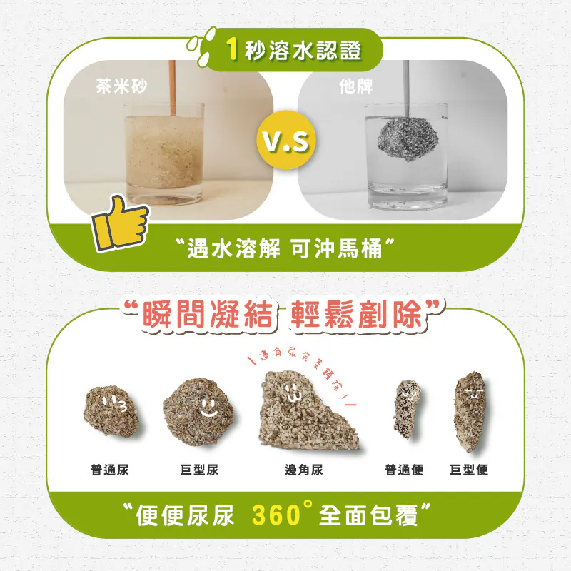 比較茶米砂與其他貓砂的溶解性和凝結力,強調飼糧倉優勢