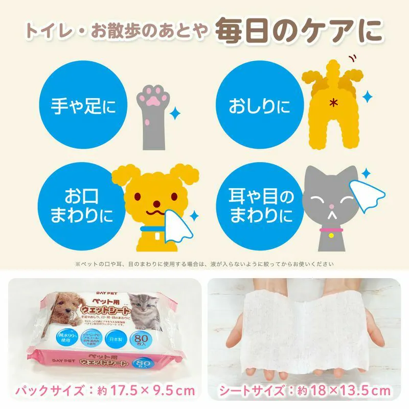 LEC 99% 純水寵物濕紙巾介紹,適用於手足、臀部、嘴巴、耳朵及眼部的日常護理