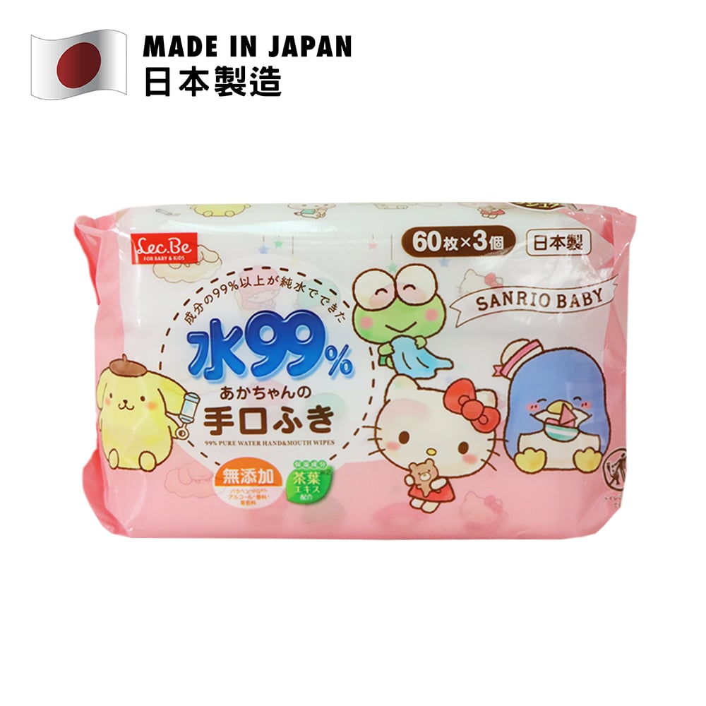 LEC Sanrio 99.9%純水手口可用濕紙巾 60片裝 X 3, 日本製造, 可愛包裝吸引目光
