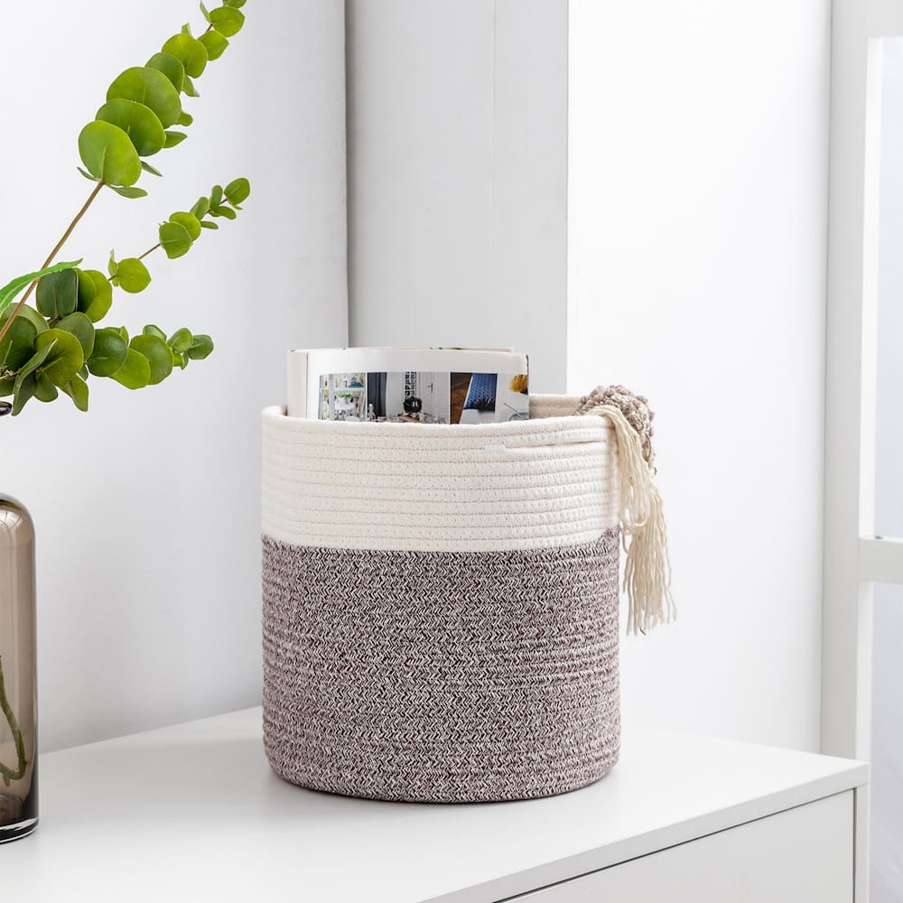 Woven Cotton Storage Baskets White x Brown 2pcs