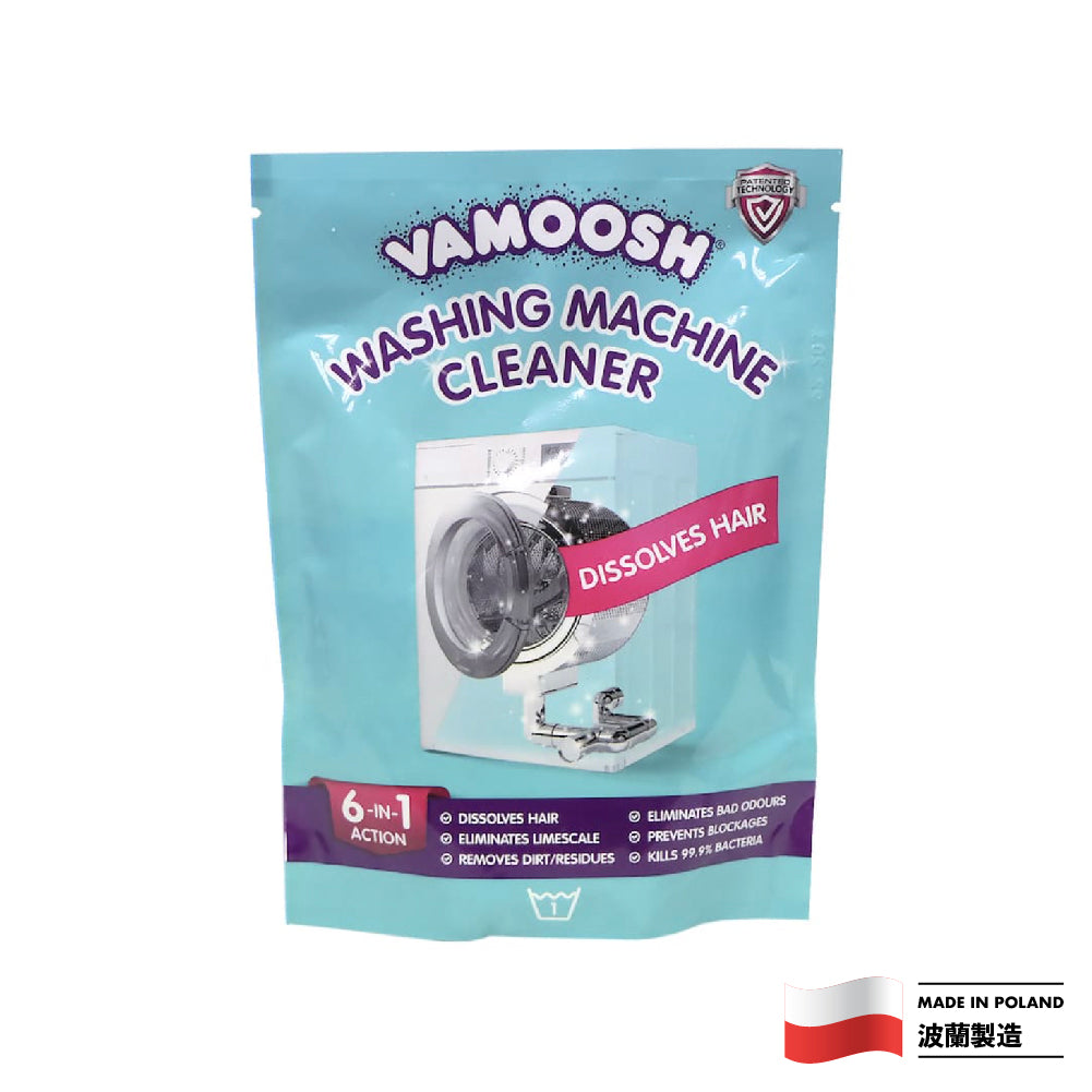Vamoosh Washing Machine Cleaner packaging featuring product benefits like dissolves hair and eliminates odors.