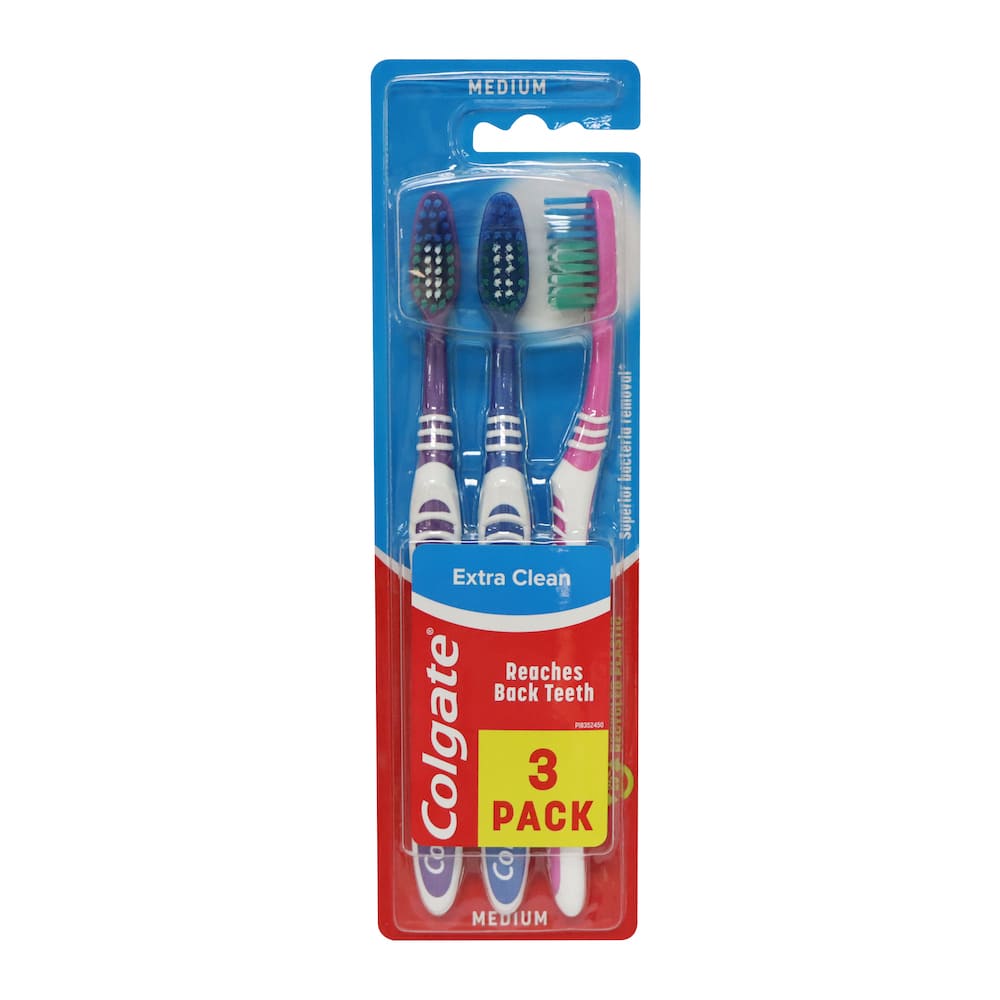 Colgate Extra Clean Medium Bristle Toothbrush 3pcs (Purple+Blue+Pink)