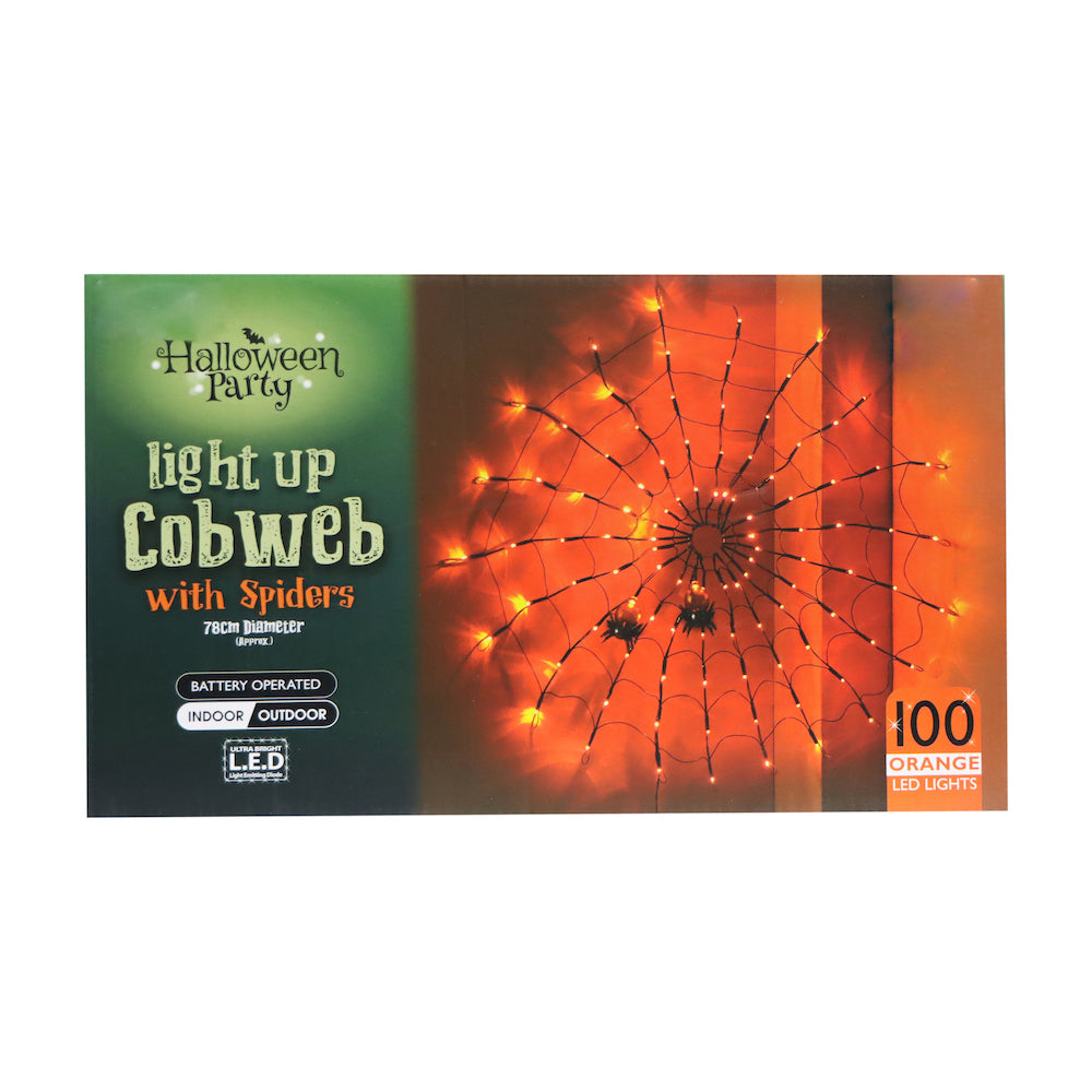 Halloween Party Light Up Cobweb with Spiders (100 Orange LED Lights)