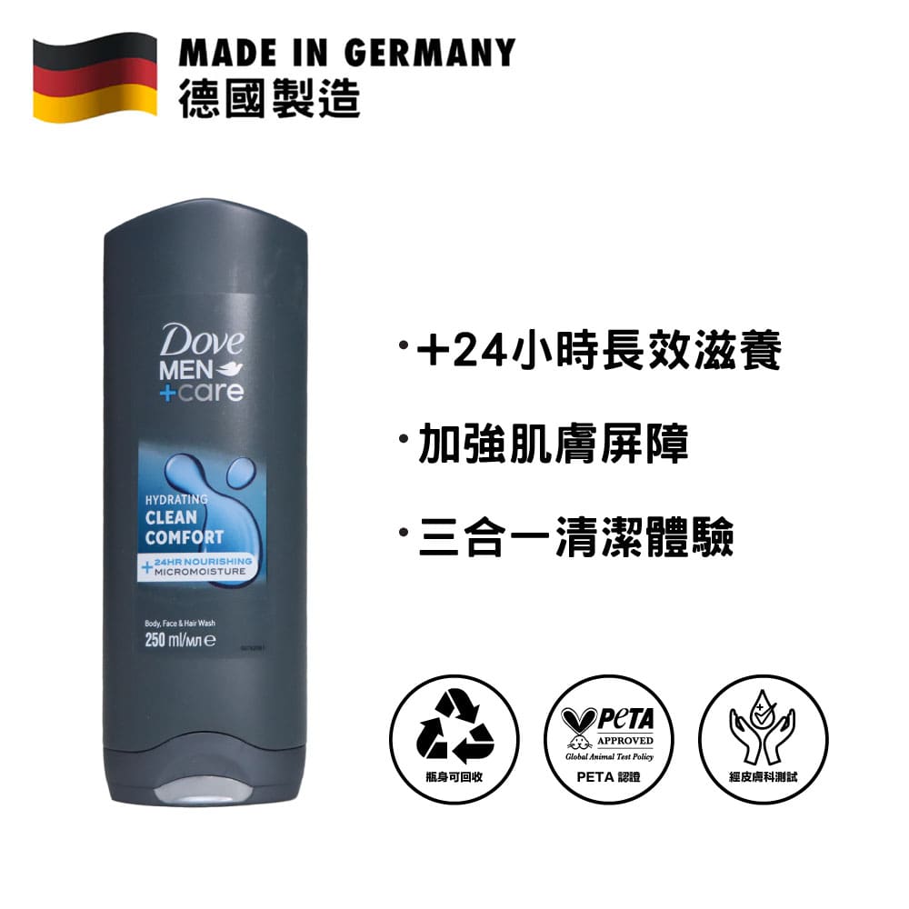 Dove Men+Care Hydrating Clean Comfort 3-in-1 Body, Face &amp; Hair Wash 250ml