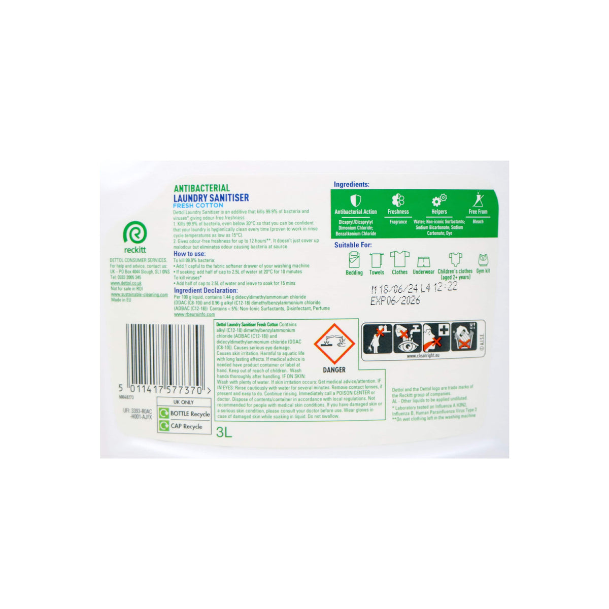 Dettol 滴露 99.9%殺菌衣物消毒液 3公升家庭經濟裝 (棉柔清香)