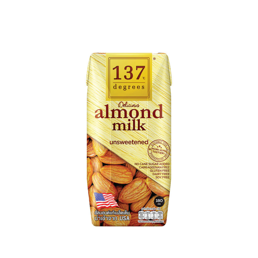 137°C degrees 無糖杏仁奶 180毫升 (36件原箱裝) packaging with almonds, low sodium, dairy-free, and vegan.