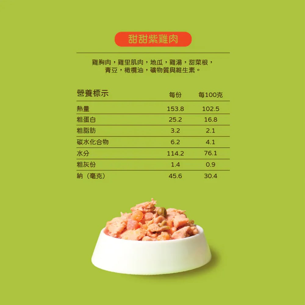 五歲半 甜甜紫雞肉狗狗主食餐營養成分表，展示每100克的熱量和成分