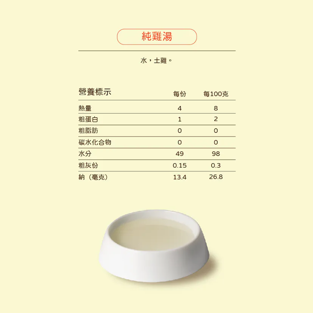 五歲半純雞湯營養成分標示，顯示每份及每100克的熱量和營養成分