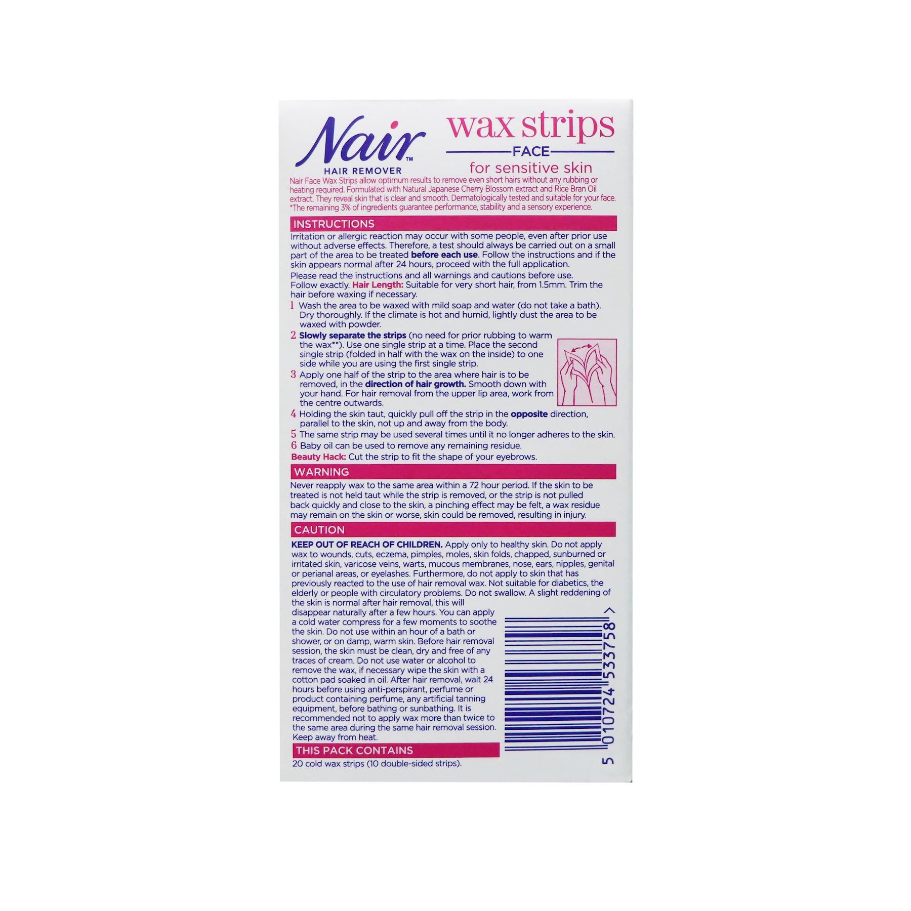Nair Hair Remover Face Wax Strips 20pcs (For Sensitive Skin)