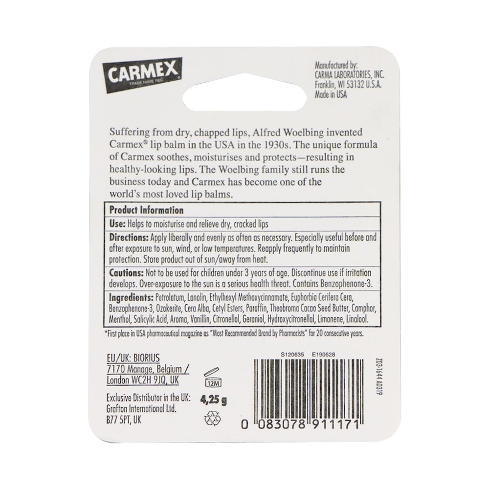 Carmex SPF 15 防曬修護潤唇膏 (原味) 包裝背面
