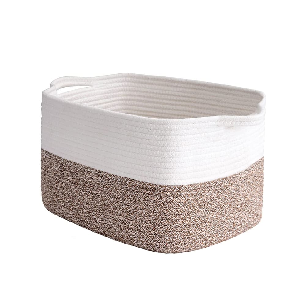 Woven Cotton Rope Basket With Handles White x Brown