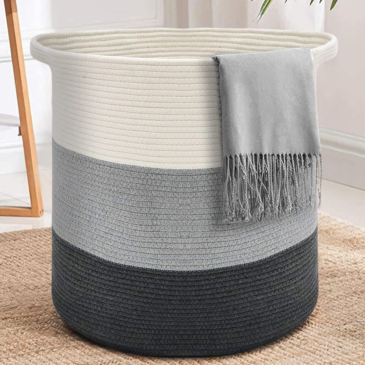 純棉繩編衣物收納籃(漸層灰)