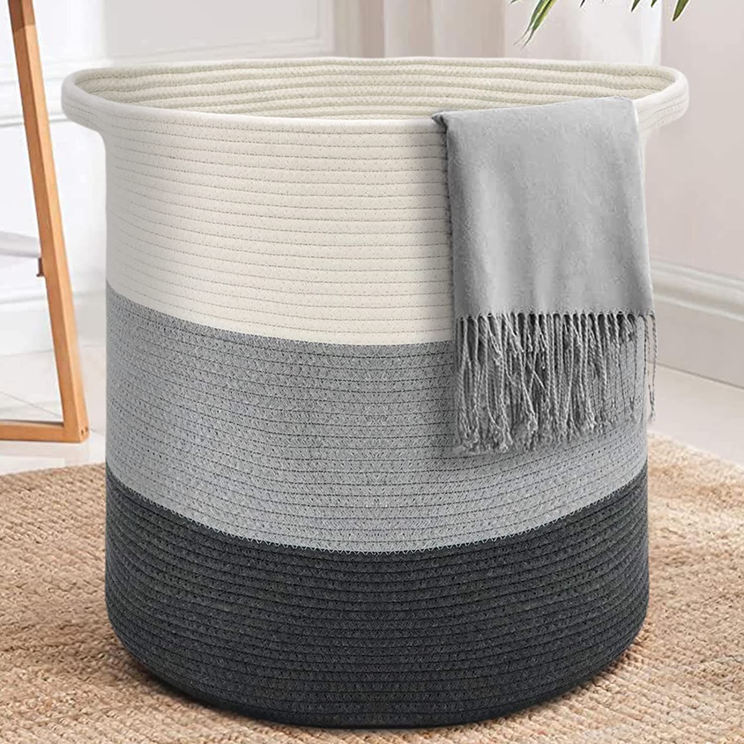 純棉繩編衣物收納籃(漸層灰)