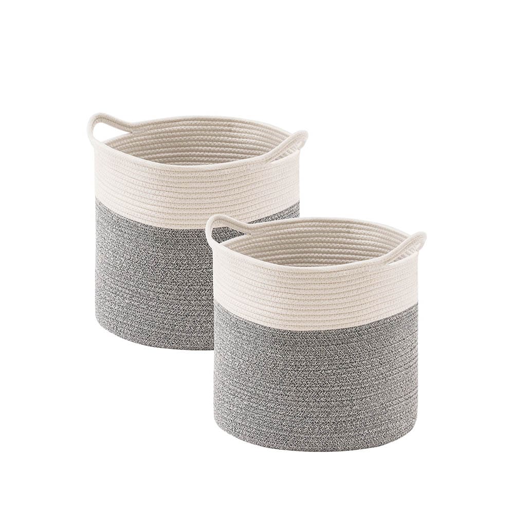 Woven Cotton Rope Basket With Handles (White x Grey) 2pcs