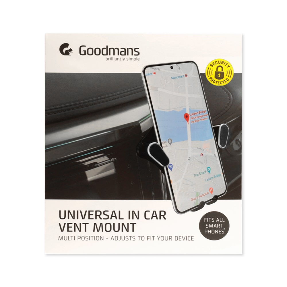 Goodmans 汽車用手機架銀色外盒正面