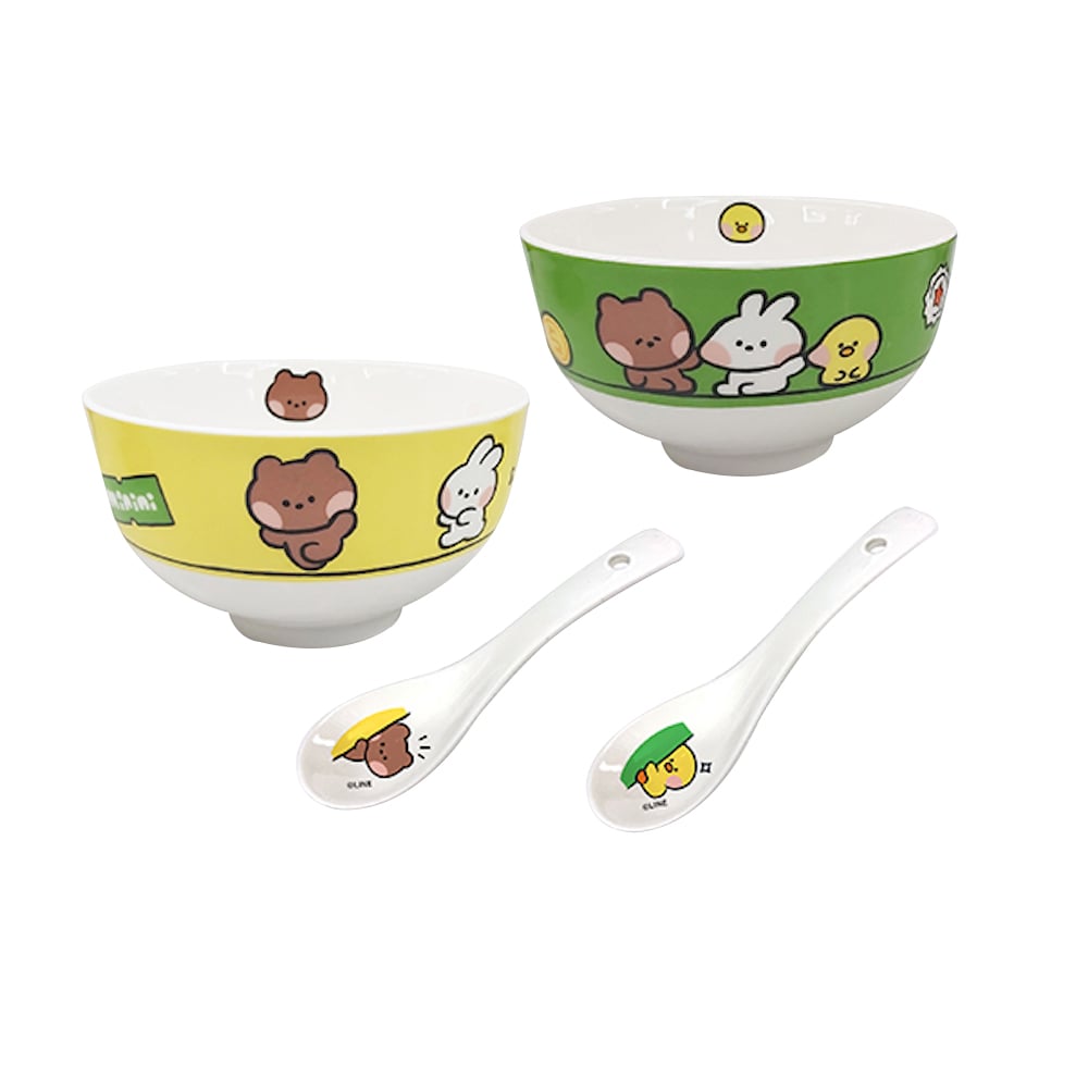 Line Friends 2pcs 4.5&quot; Rice Bowl+ 2pcs 5&quot; Spoon Gift Set