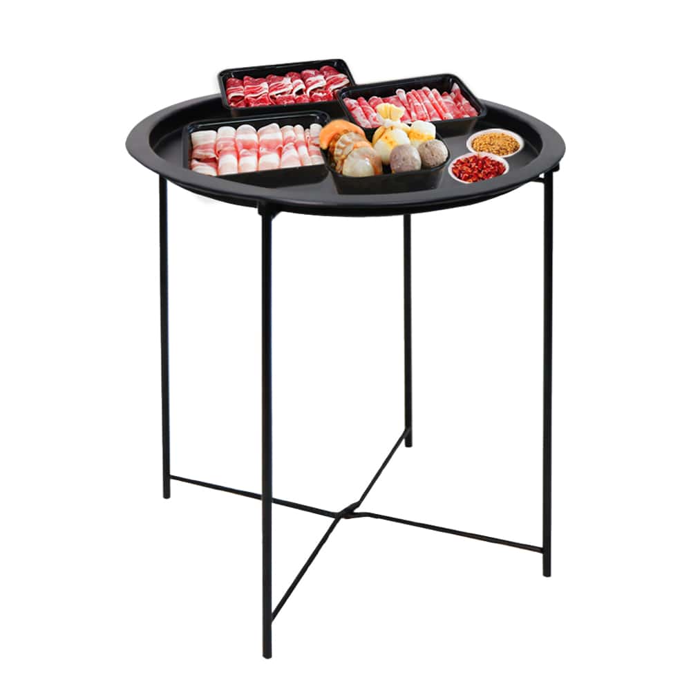 Spot On Black round metal side table with hotpot ingredients on top