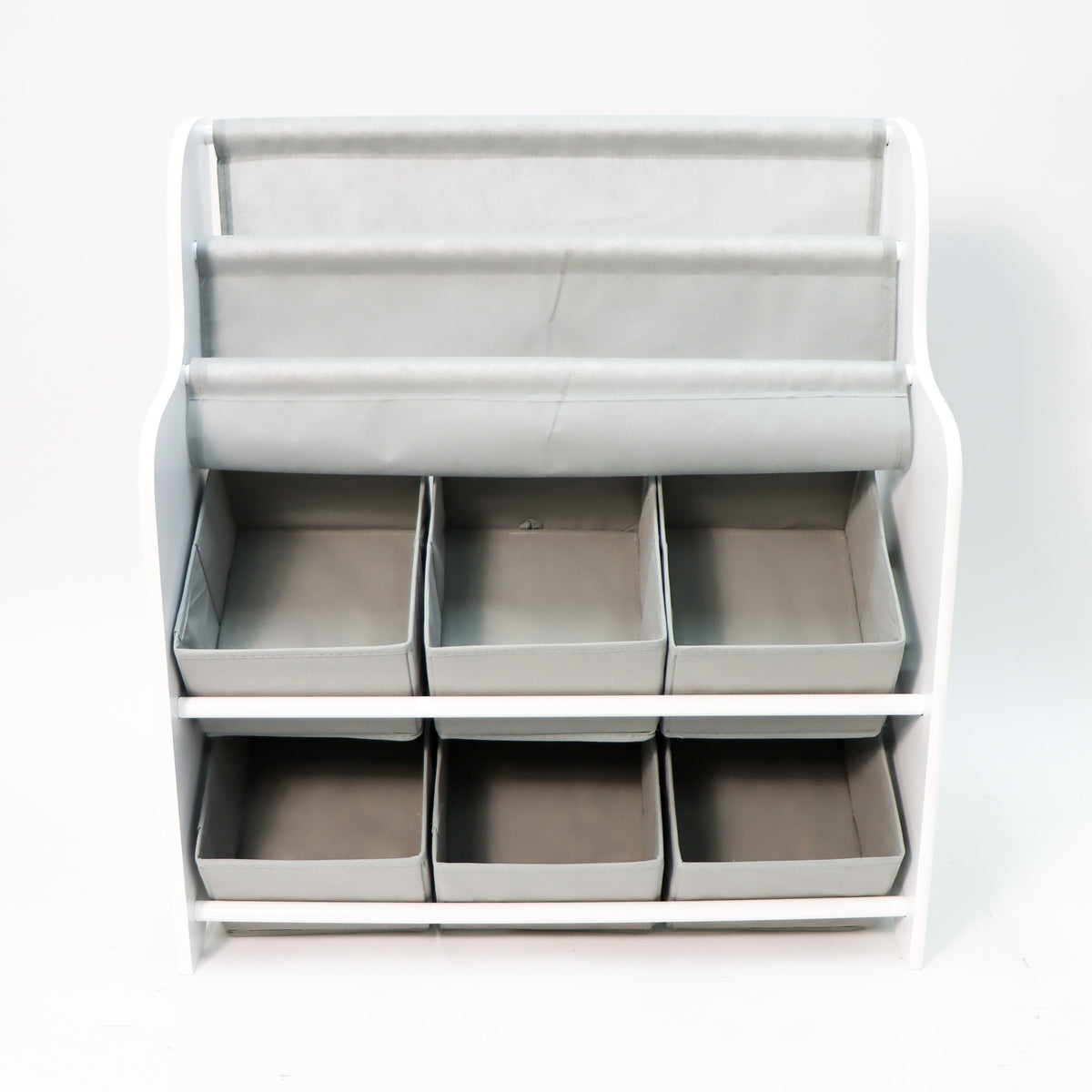 雙層小型書架連6個收納籃正面