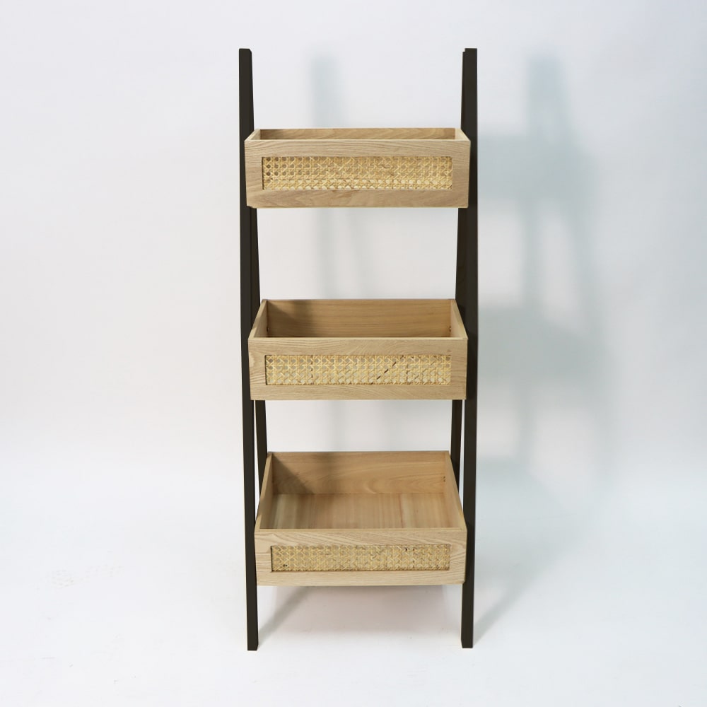 黑色3層梯形層架連置物藤籃正面