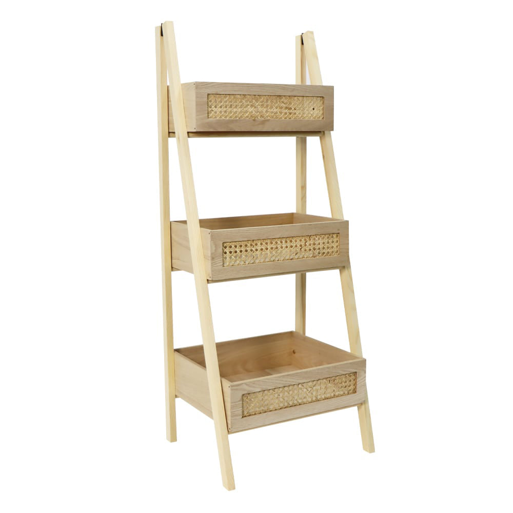 木色3層梯形層架連置物藤籃