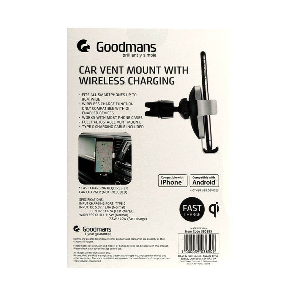 Goodmans 汽車用無線快速充電手機架外盒背面